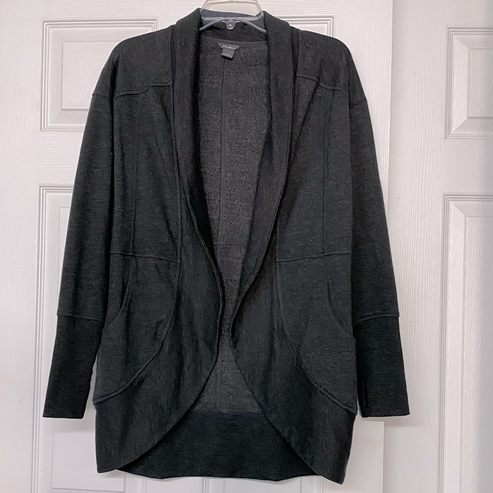 Eddie Bauer Camp Fleece Wrap Cardigan Open Front Sweatshirt Gray Sz S